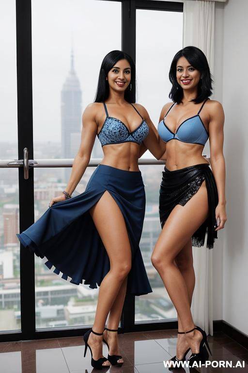 indians, fit, abs, muscles, navel piercing, blue bra, blue frilly skirt, looking at camera, tall, full body, 2 women next to each other, stiletto, view from top, blue heels, open mouth - #main