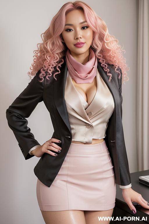 half-korean and half-japanese, a supermodel and 15cm tall, ((wearing a tailored black-gray blazer, a cream colored faux silk blouse underneath the blazer, a short, taupe colored pencil skirt, a - #main