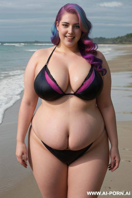 female, white, obese, beautiful bbw, beautiful face, big breasts, big ass, thick thighs, long legs, bare feet, shaved pussy, oiled body, wet body, full body, full shot, front view, wearing sexy bikini, standing on the beach - #main