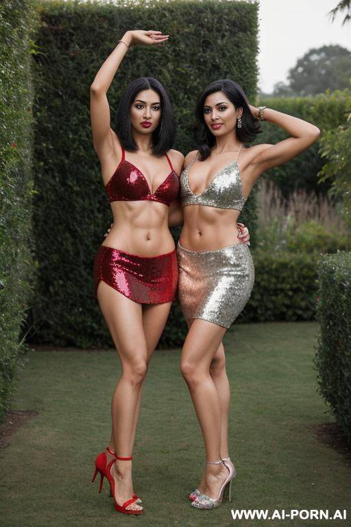 indian, short straight hair, fit, abs, arms up, muscular arms, big ass, navel piercing, red sequin bra, red sequin skirt, tall, looking at camera, full body, stiletto, 2 women, 1 woman sideways, in garden - #main