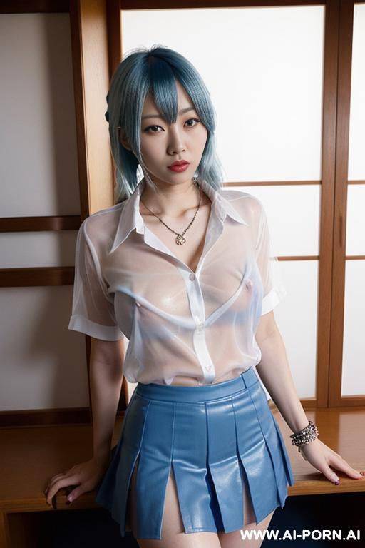 ((scared japan woman), ((see-through white class shirt)), ((no bra)), ((raised skirt)), ((no panties)), ((blue hair)), ((looking at the camera)), ((eyes contact)), full body view, (pussy visible), (hairy - #main