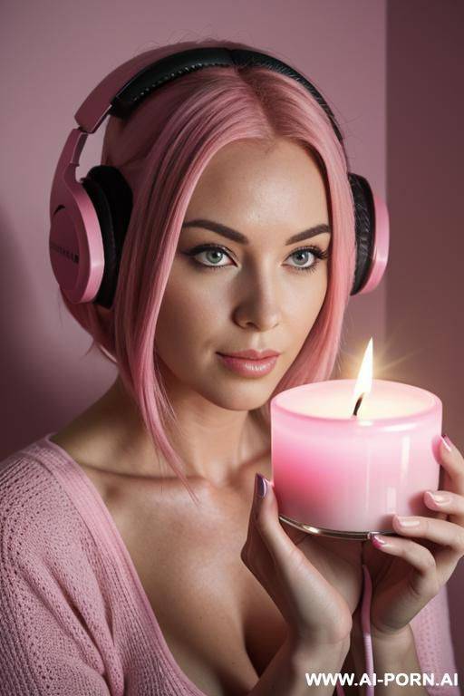 pink haired woman with pink headphones hypnotized by a candle - #main