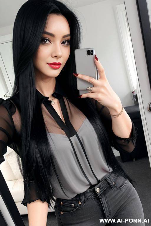 woman long black hair gray blouse jeans selfie - #main