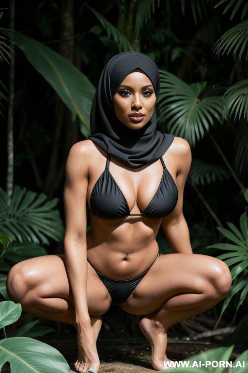 a woman with a black hijab, sexy in a black bikini swimsuit, doing squat poses, and leg separates in the tropical jungle setting - #main