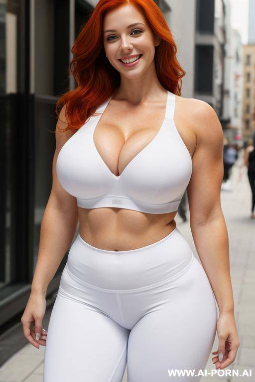 redhead, tight clothes, (white sports bra), (white g-string), smiling, city street, thick body, beautiful, huge tits, gigantic breasts, muscular body - #main