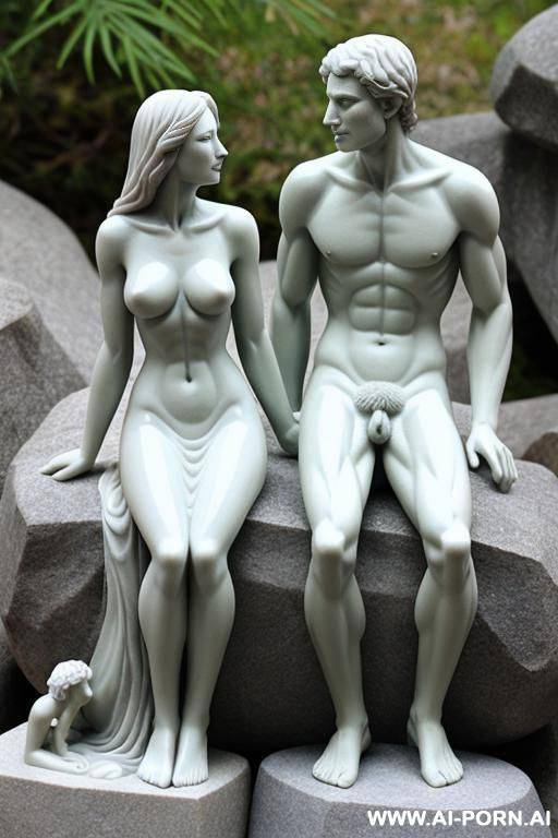 two naked stone figures, man and woman, having sex - #main