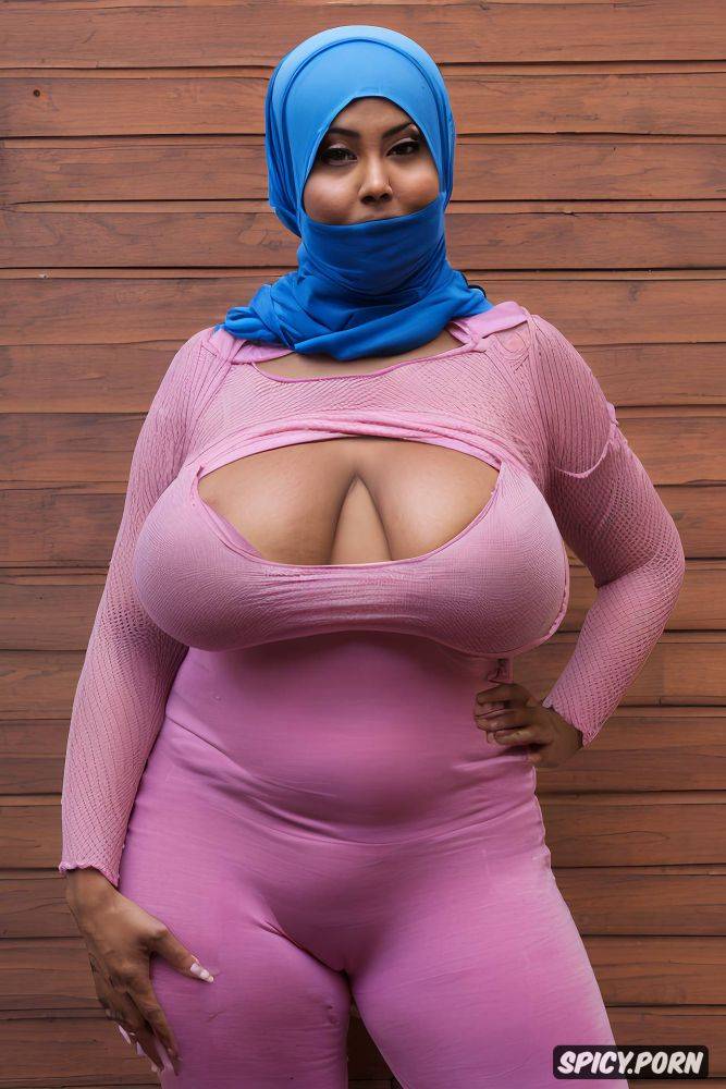 always framed from forehead to thighs, hijab and tight fit sexy dress with falling out tits and exposed crotch - #main