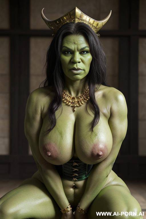 seductive orc queen, full green skin, full green painted skin, full body view, fully naked, ((huge rounded milky breasts)), ((massive hips)), ((orc gold and black corset)), huge curves, huge - #main