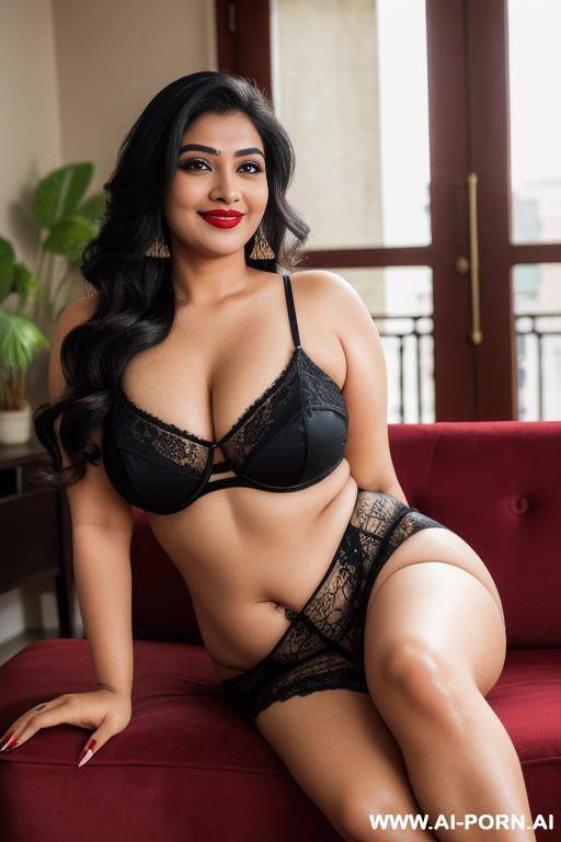 indian housewife, eyes, long eyelashes, eyebrow, red lipstick, chubby face, smiling seductive, lean on sofa, in living hall - #main