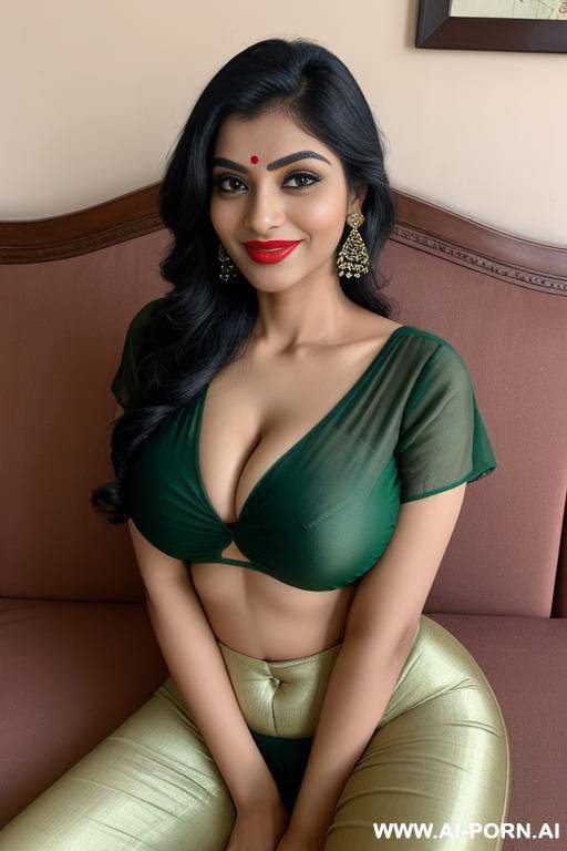 indian housewife, aged 3-0, eyes, long eyelashes, eyebrow, red lipstick, smiling seductive, laying on sofa, in living hall, fit body, natural boobs, opened green blouse, bottomless , spreading legs - #main