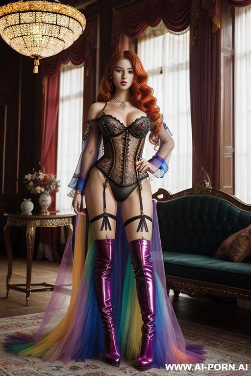 rainbow transparent corset，tutu skirt， mesh robe，rainbow light red transparent bra ,necklace，rainbow large pointed thigh-high boots，a bright room - #main