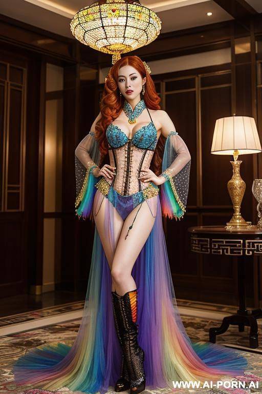 chinese, rainbow transparent corset，tutu skirt， mesh robe，rainbow transparent bra ,necklace，rainbow large pointed thigh-high boots， bright room - #main