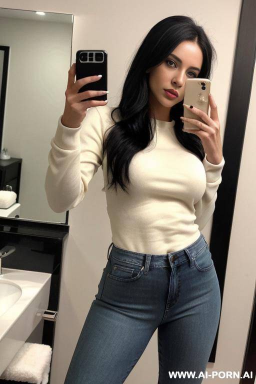 woman tight cream sweatshirt jeans selfie photo in the mirror - #main