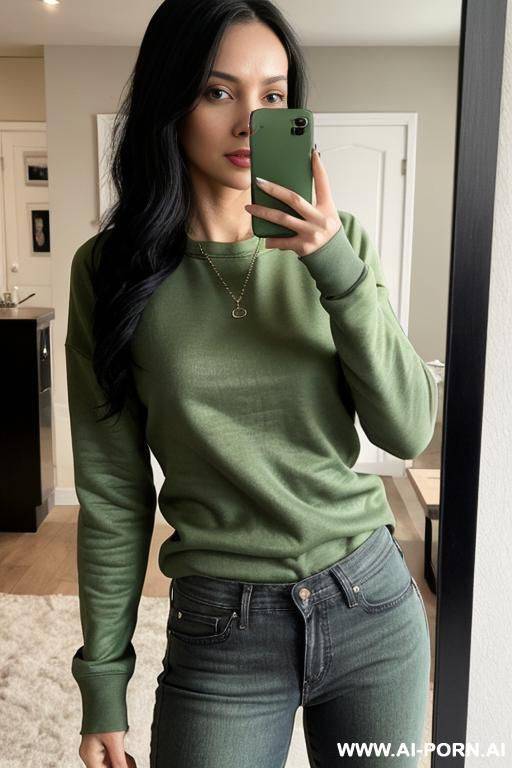 woman tight green sweatshirt jeans selfie photo in the mirror - #main