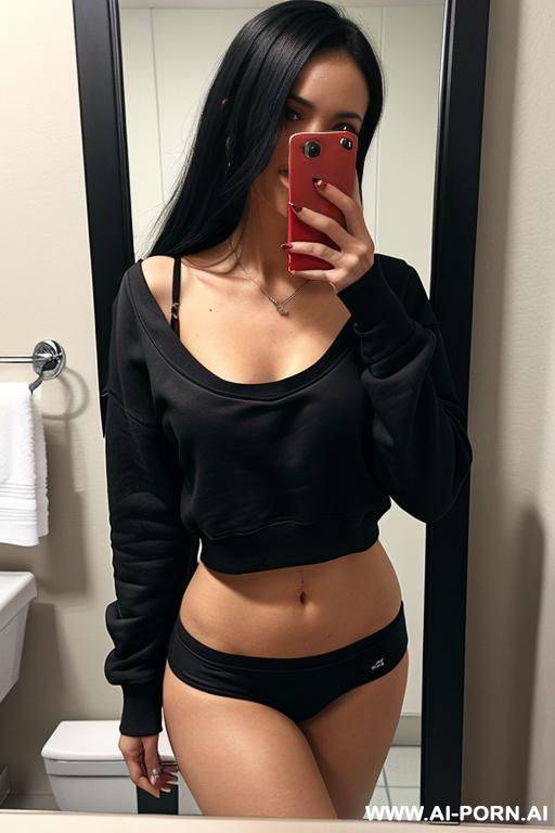 woman black sweatshirt red panties selfie photo in the mirror bathroom - #main