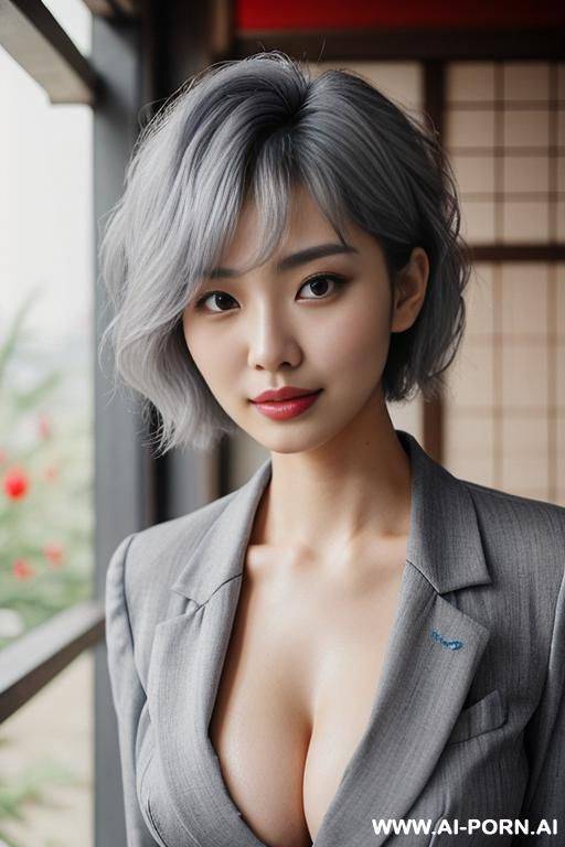 (cleavage) (blue blazer) (gray hair) (short hair) - #main