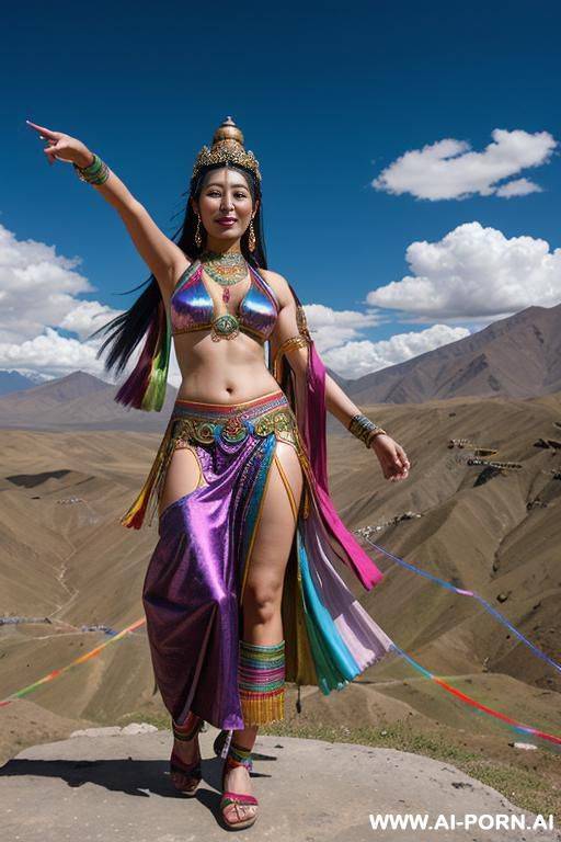 rainbow​ woman ancient​ tibet goddess​ shine and dancing​ in sky - #main