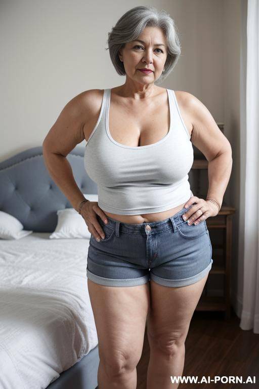 0-year-old grandmother, full body, standing, lady, short gray hair, clearly visible age marks, triangular hips, thick thighs, wearing blue denim shorts and a white tank top, double bedroom - #main