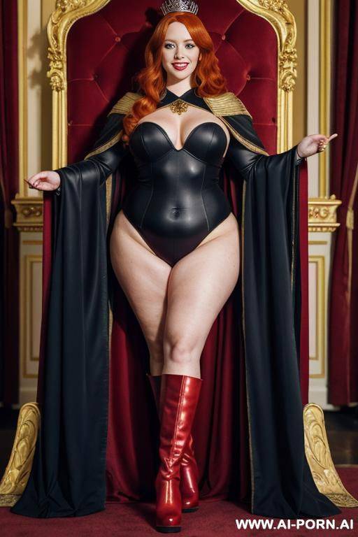 full body photo, long red hair, queen outfit, voluptuous thighs, big boobs, giant belly, long boots, leotard, cape, crown, blue eyes, hand on belly, , standing in front of throne - #main