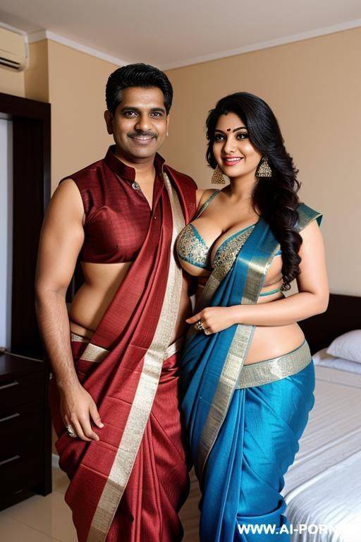 smiling curvy indian busty wife with huge boobs wearing saree standing with husband in bedroom - #main