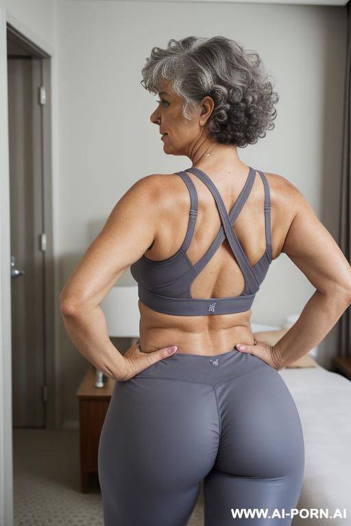 back view, 0 year old grandmother, full body, standing, short gray hair, lady, clearly visible age marks, triangular hips, thick thighs, hands on hips, wearing blue leggings, wearing pink tank top, luxury hotel room - #main