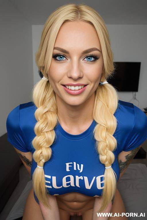 (((1 woman sucking a cock))), (((huge cock in hands))), fellatio, blowjob, (oral sex), deepthroat, (tattoed woman), (huge boobs), (blue eyes), scandinavian, (wearing real madrid shirt), smiling. - #main