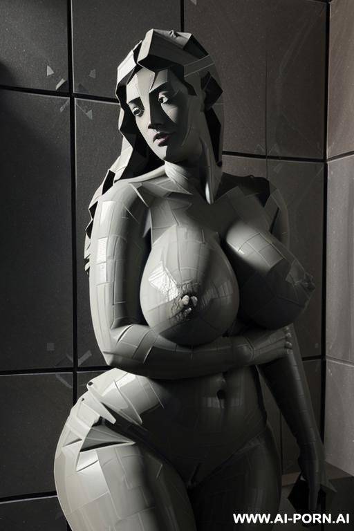 (((gigantic saggy massive oversized enormous tits))), in very dark stone room, ((((very rough extremely angular tiles of nude statue)))), twenty years old, thick, fat, large nipples, totally nude, - #main