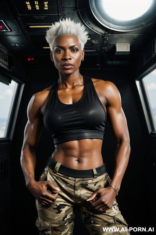 black muscular woman soldier in black tank top and camouflage trousers. white short spiky hair. sweat, grime. holding laser. onboard spaceship. symmetrical eyes. - #main