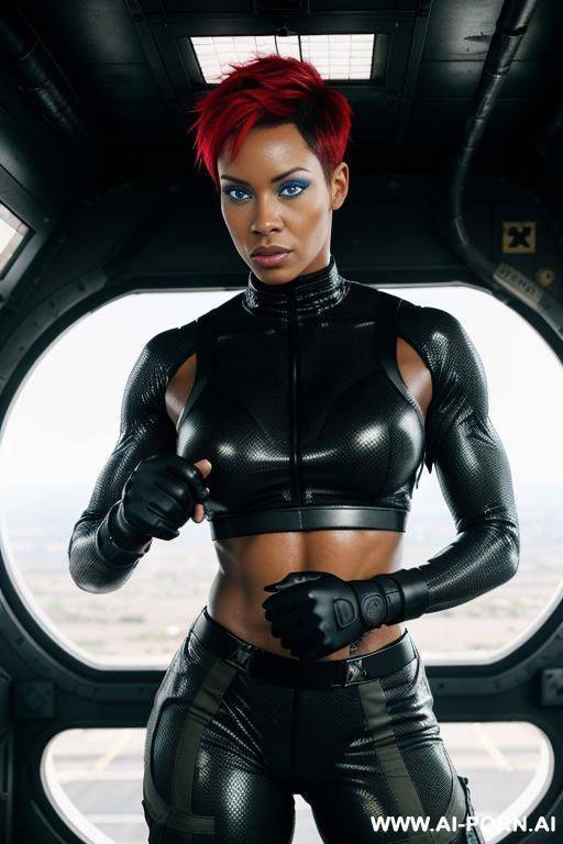 black muscular woman soldier in black camouflage trousers. red short punk hair. sweat, grime. holding laser. onboard spaceship. bright blue eyes. - #main