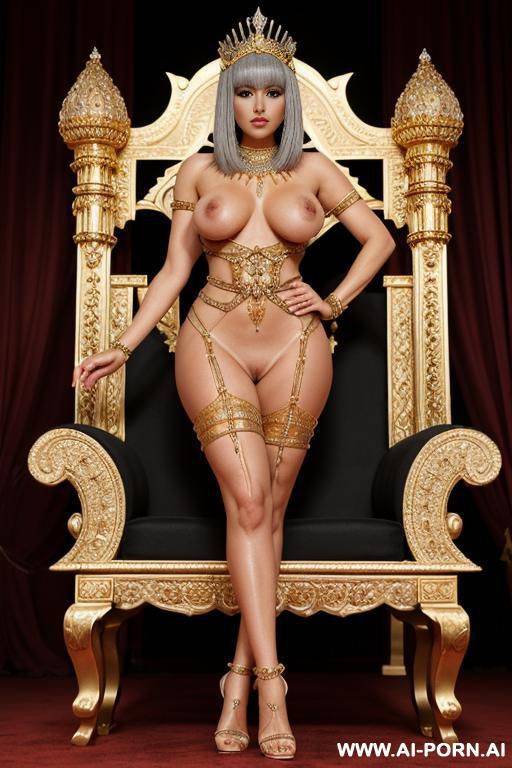 royalty. queen, royal necklace, rings, tiara, large nipples, bracer, head dress, large areolas, oversized boobs, anklet, wet, oiled, (full body portrait), strappy heels, white palace throne room with - #main