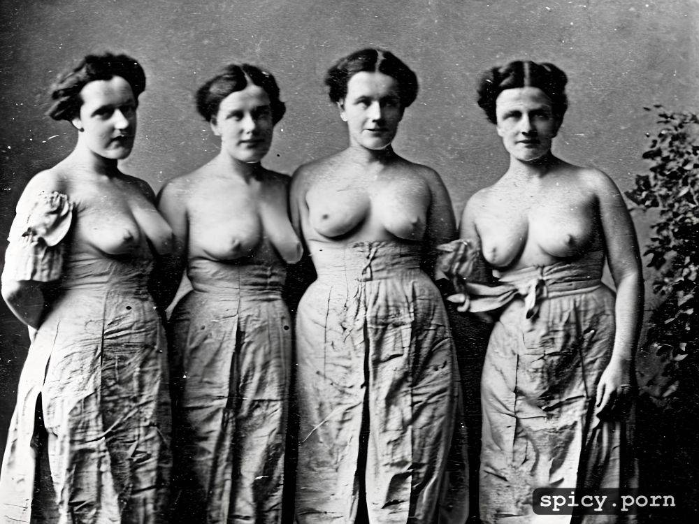 exposed fat breasts, standing in victorian kitchen, group photo of 1800s fat lesbians - #main