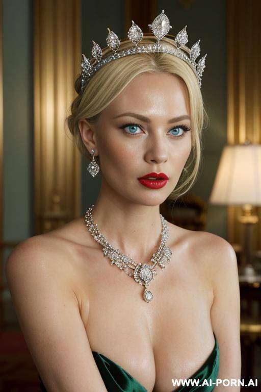 _wearing diamond crown, topless, pretty boobs, light blue eyes, diamond necklace, (white pallid skin), (ghastly pallid shiny skin), red lips - #main