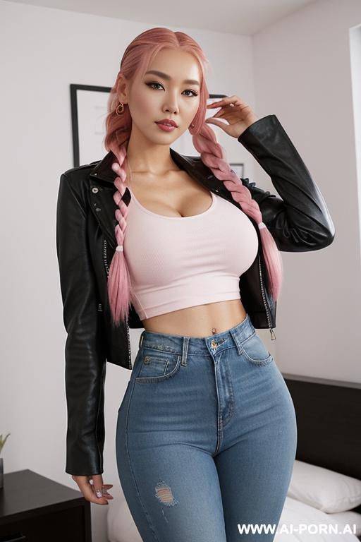 half-korean and half-japanese, a supermodel and 15cm tall, wearing a sleek red faux-leather jacket paired with a crisp white t-shirt underneath. she also wears a pair of distressed denim jeans - #main