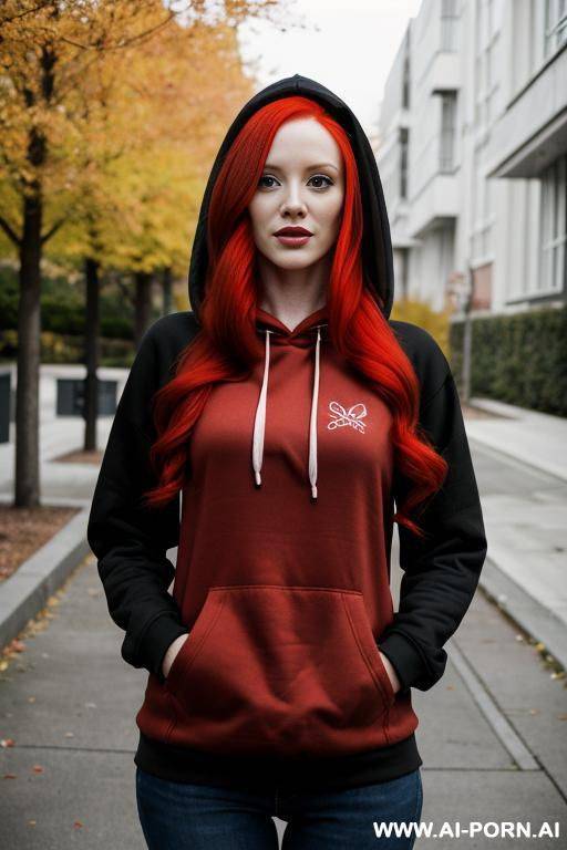 woman long red hair hoodie black selfie - #main