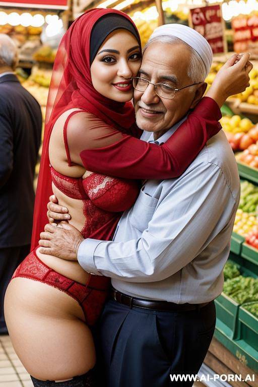 smiling curvy egyptian busty wearing hijab and red lingerie hugging grandpa in market - #main