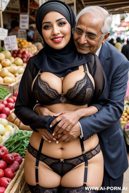 smiling curvy egyptian busty wearing hijab and lingerie hugging grandpa in market - #main