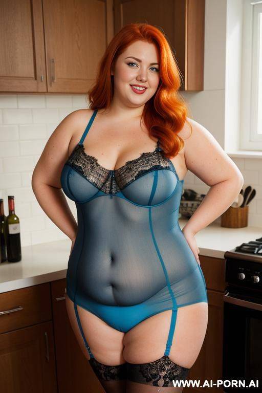 half-length photo, as a setting in the kitchen area, a fat chubby fat thick and bbw redhead british, she is cooking delicious, she has lovehandless and a soft medium tummy. she is wearing a skyblue lace stocking lingeries. she has the most body mom - #main