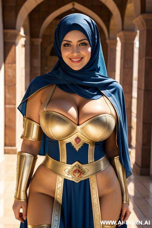 smiling curvy smiling russian busty with huge boobs wearing hijab and gladiator costume standing - #main