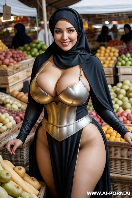 smiling curvy smiling russian busty with huge boobs wearing hijab and gladiator costume standing in market - #main