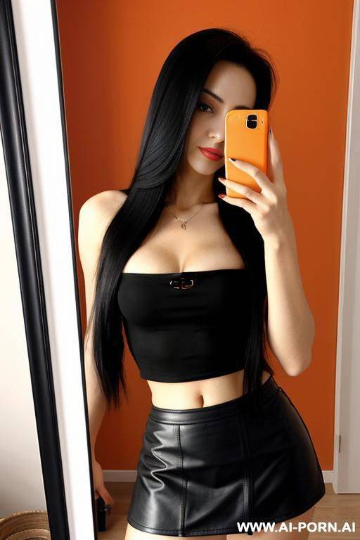 woman long hair leather skirt black top orange selfie photo in the mirror - #main