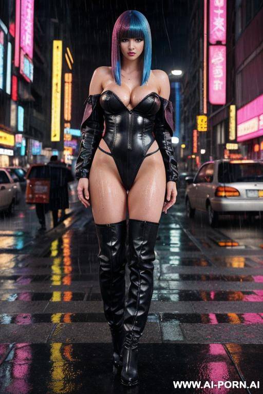 pretty face, cyberpunk city, (rain), (wet), boots, topless, - #main