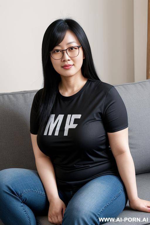 chubby 1 frumpy chinese woman, no makeup, wearing fitted tshirt, jeans and glasses. , but not sexy or attractive. sitting on the couch smirking with her hands in her lap, waiting to watch a movie - #main