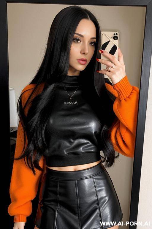 woman long hair leather skirt black sweatshirt orange selfie photo in the mirror - #main