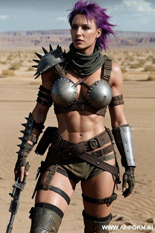 soldier on a desert battlefield. muscular body with toned abs. shorty, spiky punk hair. sweat and grime on body. armoured shoulder pads. armoured legs. holding crossbow in hand. fallout raider. mad max. tits visible. - #main