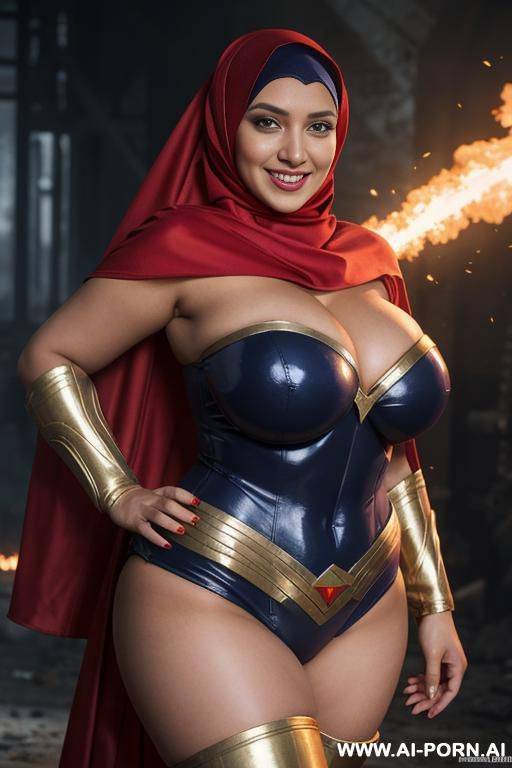 smiling curvy smiling russian busty with huge boobs wearing hijab and superwoman costume standing topless in battlefield - #main