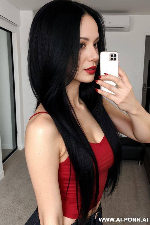 woman long hair tight red top selfie - #main