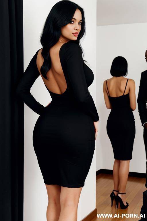 a beautiful woman, in a tight black dress, stands with her back to the camera and 2 blacks in front of her - #main