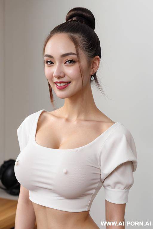 light & pallid skin, (cap-sleeve crop-top), (white skin & pallid), round face, (compact hair-bun), (teardrop oversized saggy breasts) - #main