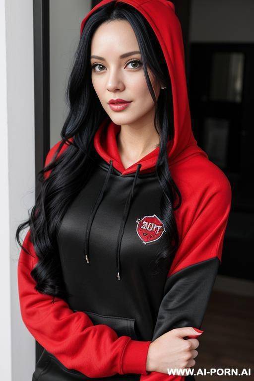 woman long black hair hoodie red selfie - #main