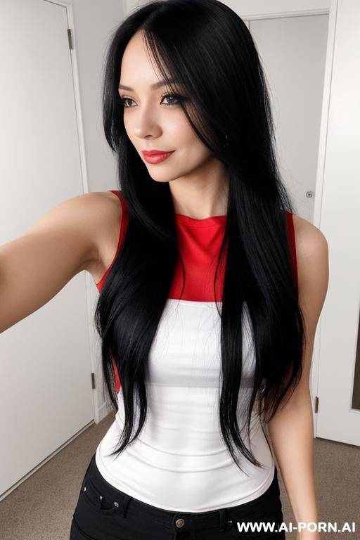 woman long hair tight red top selfie - #main